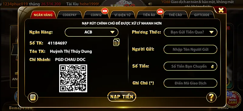 Chọn ngân hàng ACB và lấy thông tin tài khoản nhận tiền của cổng game