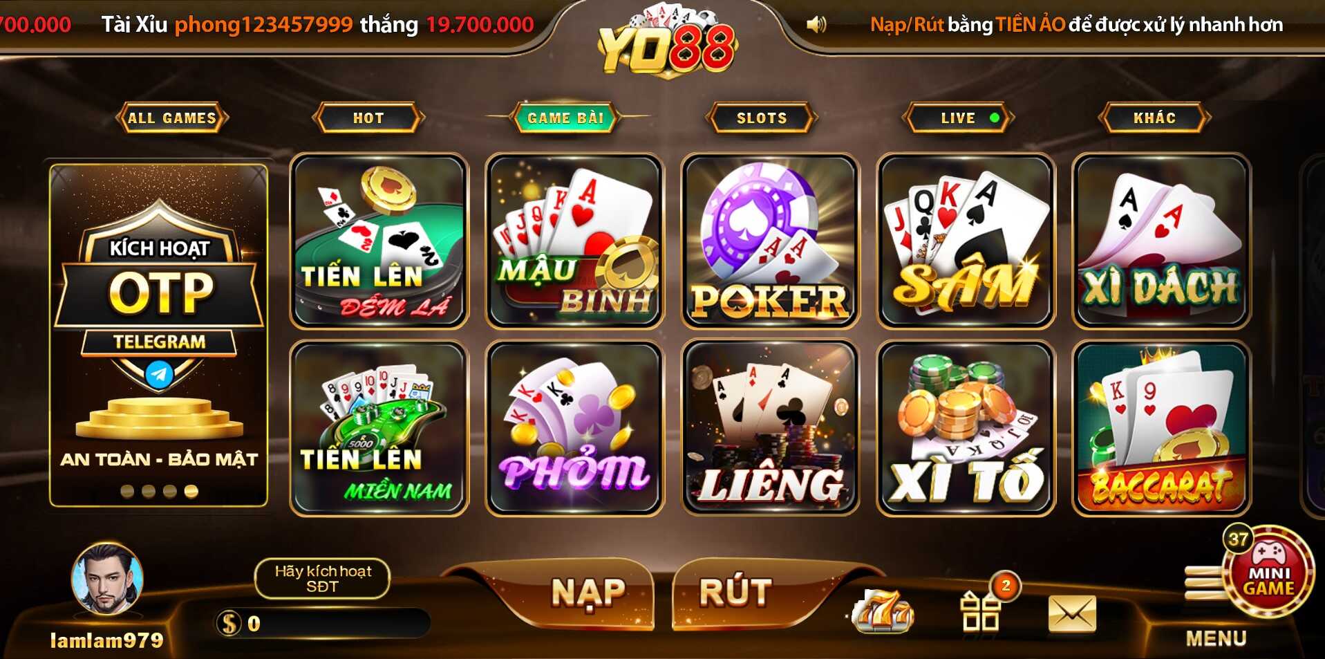 Các trò chơi hiện có tại sảnh Game Bài Yo88