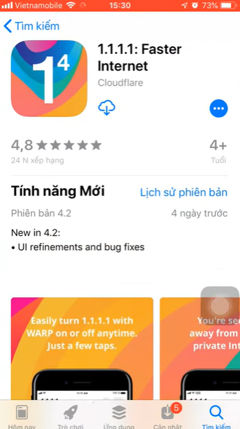 Nhấn vào mũi tên tải xuống để tải phần mềm VPN 1.1.1.1 về thiết bị