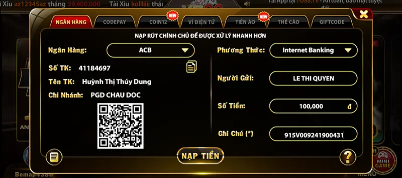 Nhấn vào nạp tiền để hoàn thành giao dịch nạp tiền