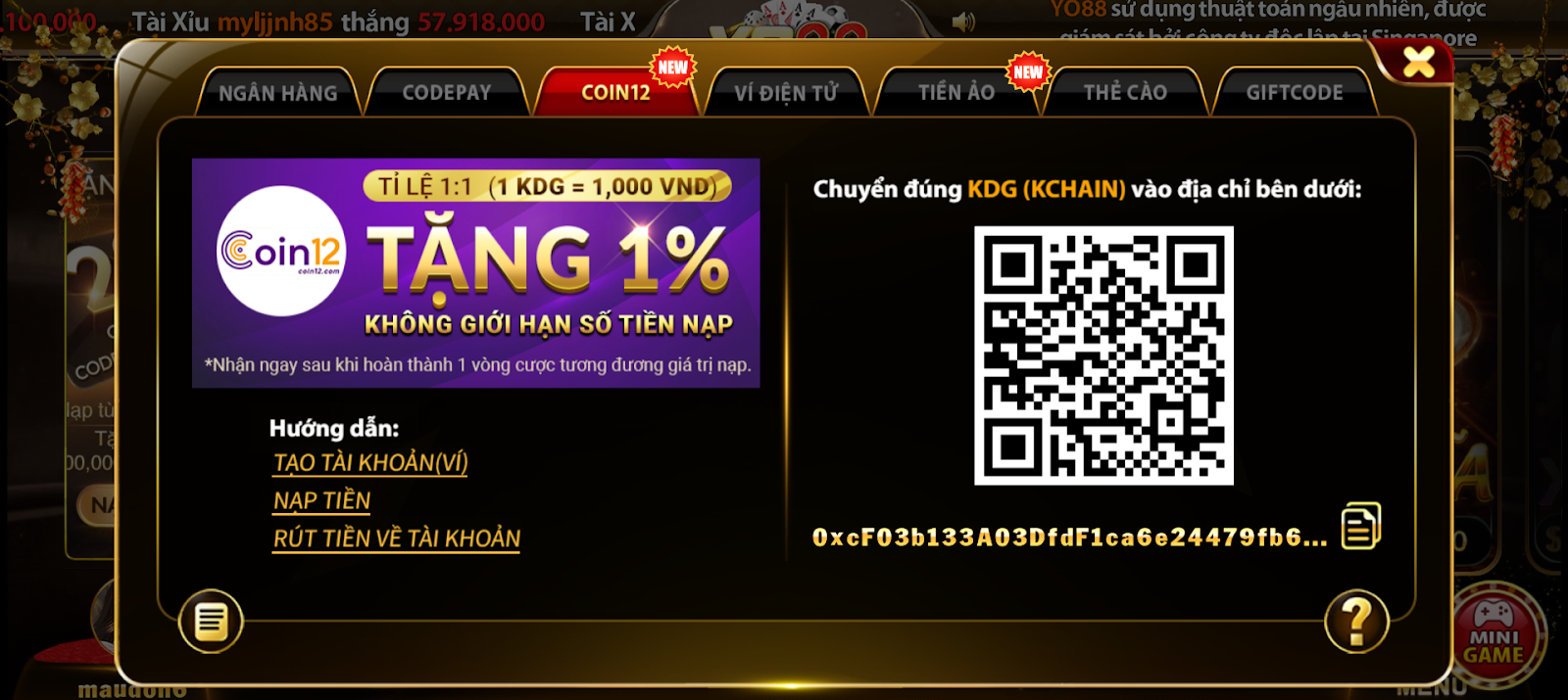 Chọn hình thức nạp tiền Coin12