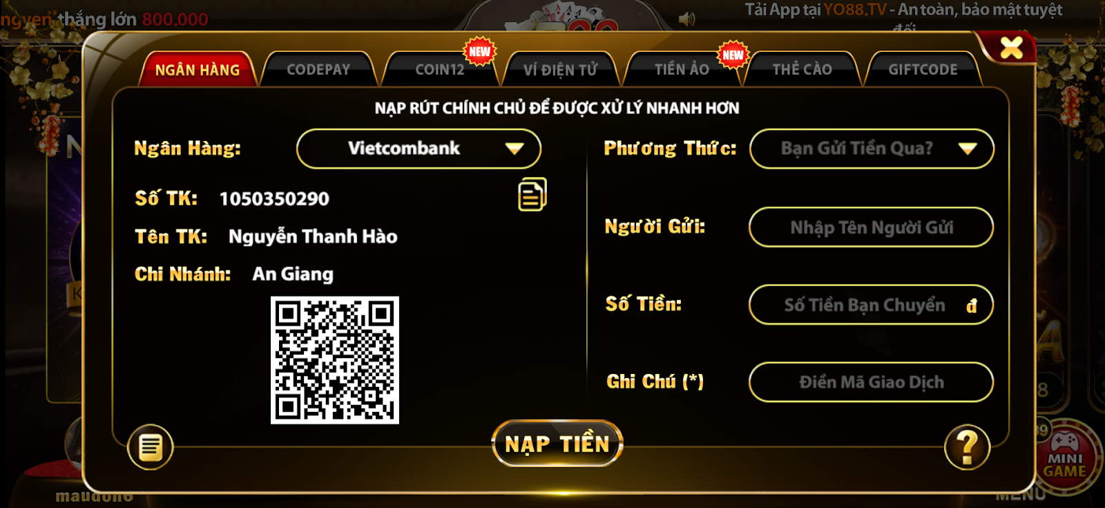 Hướng dẫn nạp tiền tại cổng game Yo88