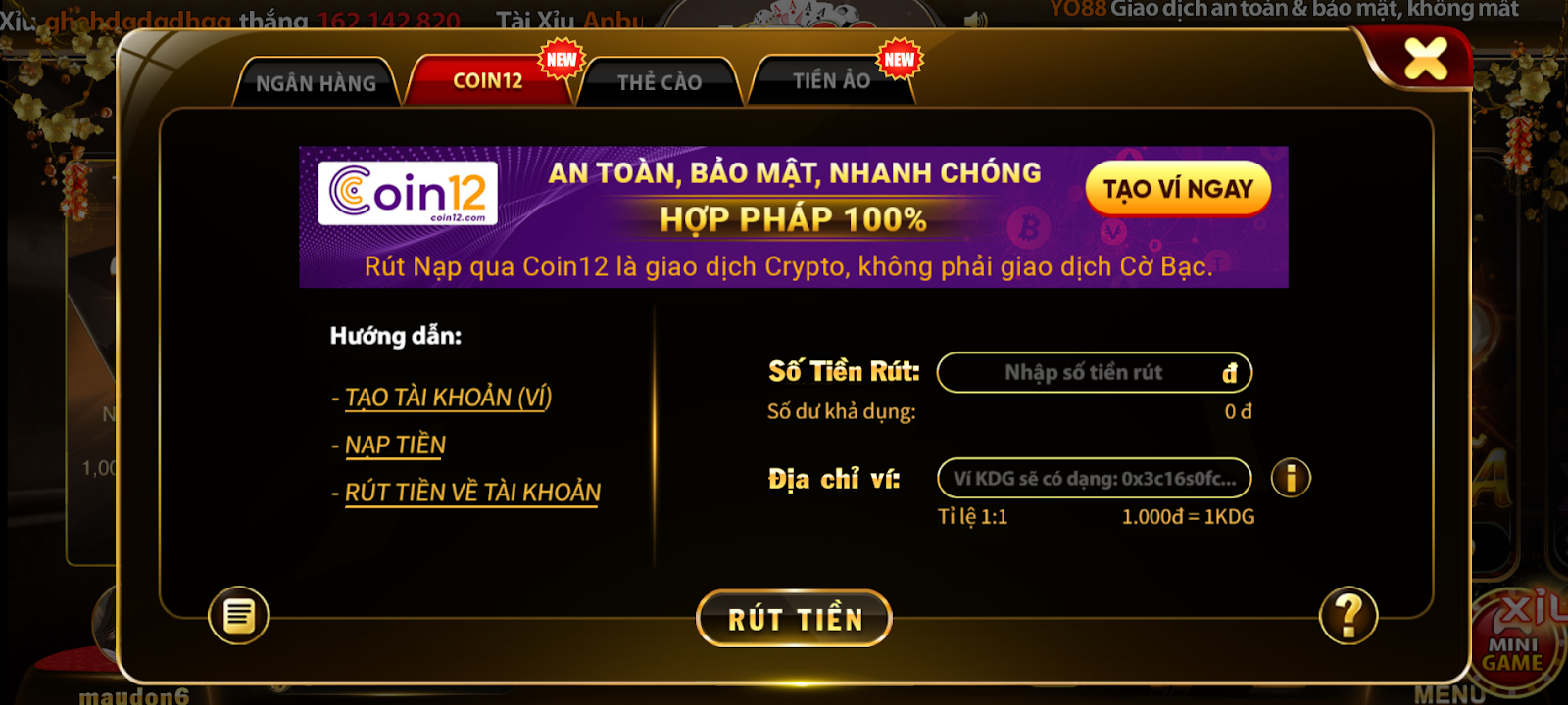 Hướng dẫn rút tiền Yo88 bằng hình thức Coin12