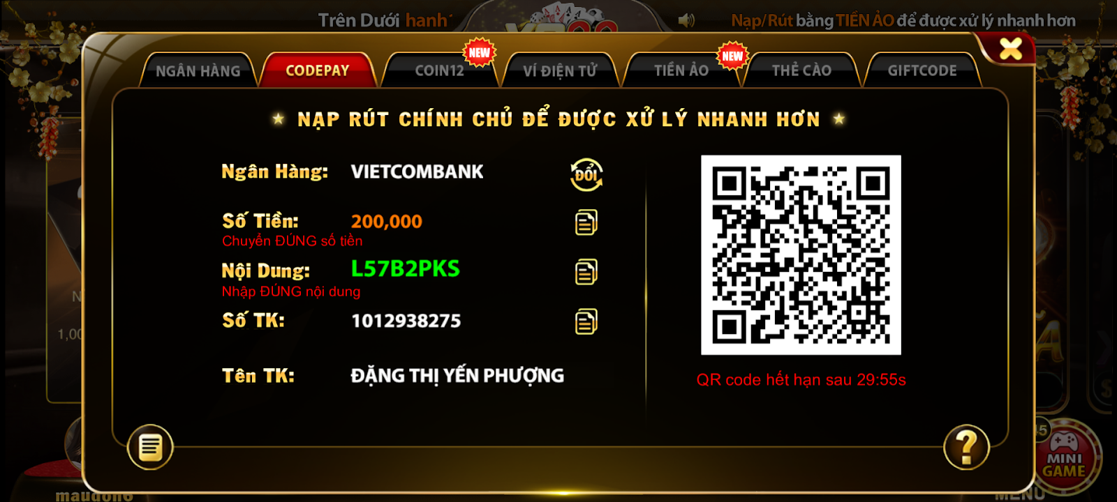 Quét mã QR và chuyển tiền vào tài khoản của cổng game